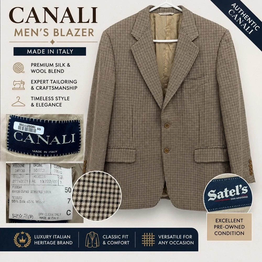 Canali Silk Wool Sport Coat Blazer Men 40R (50R IT) Brown Houndstooth Italy Made